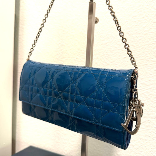 Lady Dior Wallet On Chain in Patent Teal Blue - Elegant and Timeless!